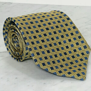 BROOKS BROTHERS 100% Silk Necktie 58.5" x 3.75" Gold Blue Squares Tie USA EUC